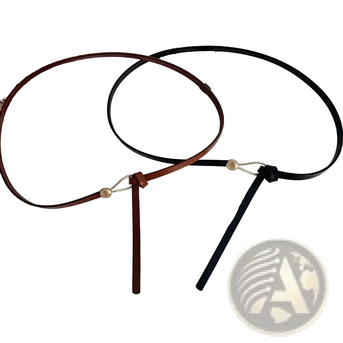 Two minimalist women thin pu leather belts in brown and black with golden simple metal buckles and dangling straps