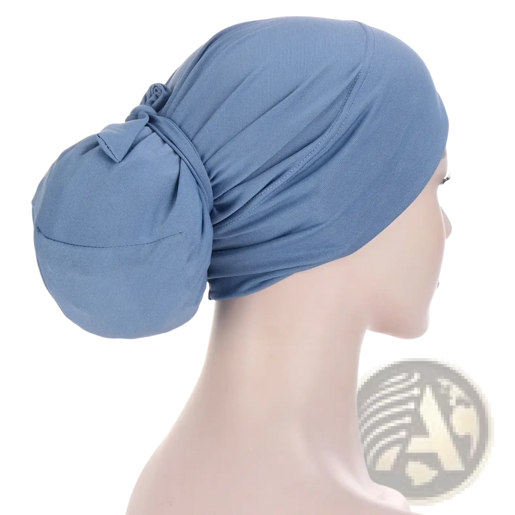 Women tie-wrap hijab cap in soft light blue stretchy fabric shown from the back with gathered knot detail