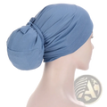 Women tie-wrap hijab cap in soft light blue stretchy fabric shown from the back with gathered knot detail