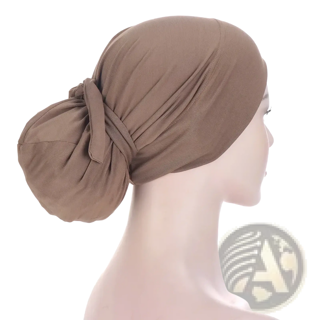 Beige stretchy women tie-wrap hijab cap made of fabric with a gathered knot at the back side