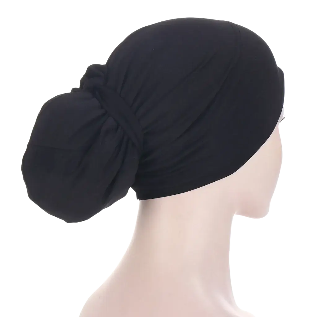 Black stretchy fabric women tie-wrap hijab cap with gathered tied-back knot shown from the back side