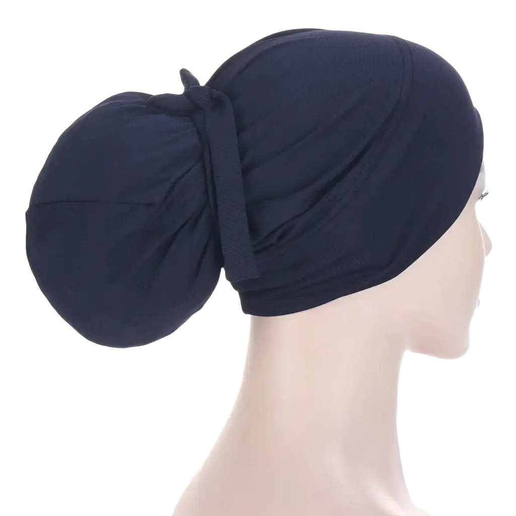 Navy blue stretchy fabric women tie-wrap hijab cap showing the back side with a tied knot for muslim use