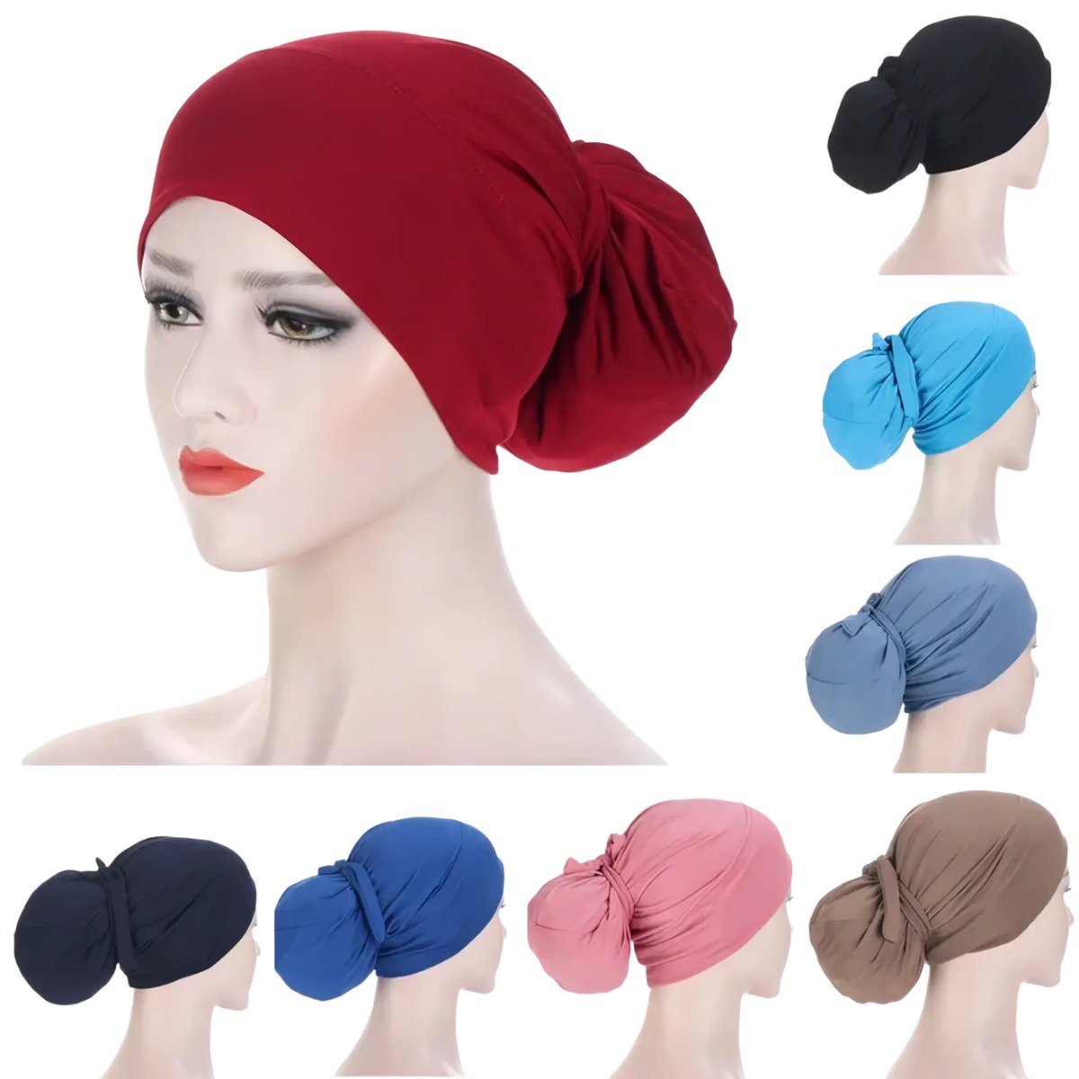 Women tie-wrap hijab cap stretchy muslim headscarf in red black blue pink and brown shown from the back with gathered knot
