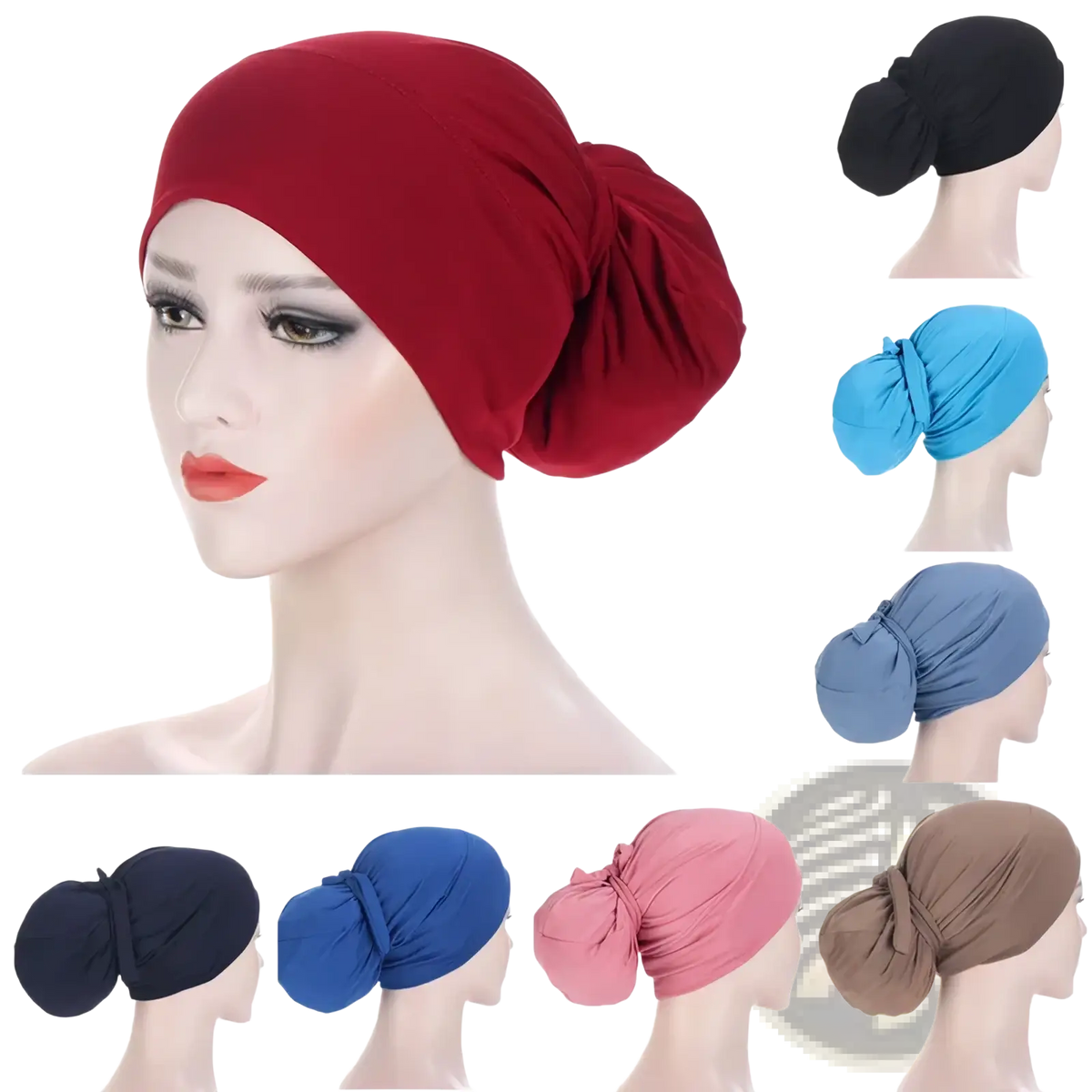 Women tie-wrap hijab cap stretchy muslim headscarf in red black blue pink and brown shown from the back with gathered knot