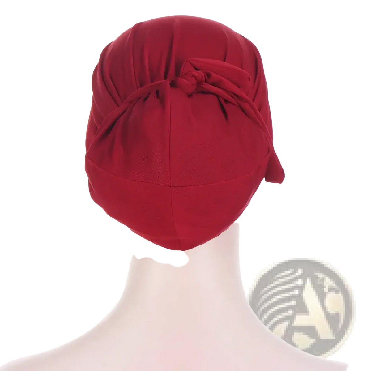 Red stretchy fabric women tie-wrap hijab cap with a tied knot at the top for muslim headscarf use