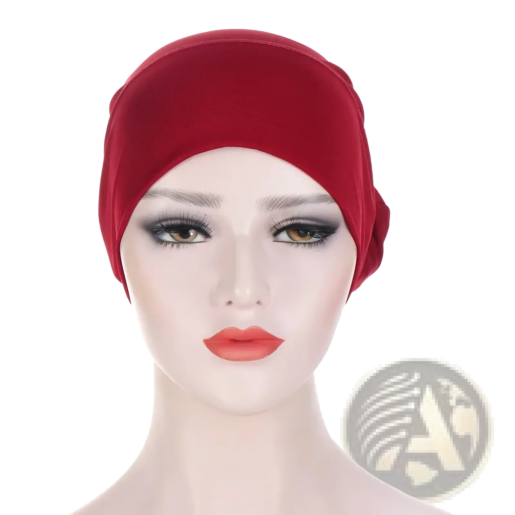 Red stretchy fabric women tie-wrap hijab cap displayed on mannequin designed as a muslim headscarf accessory