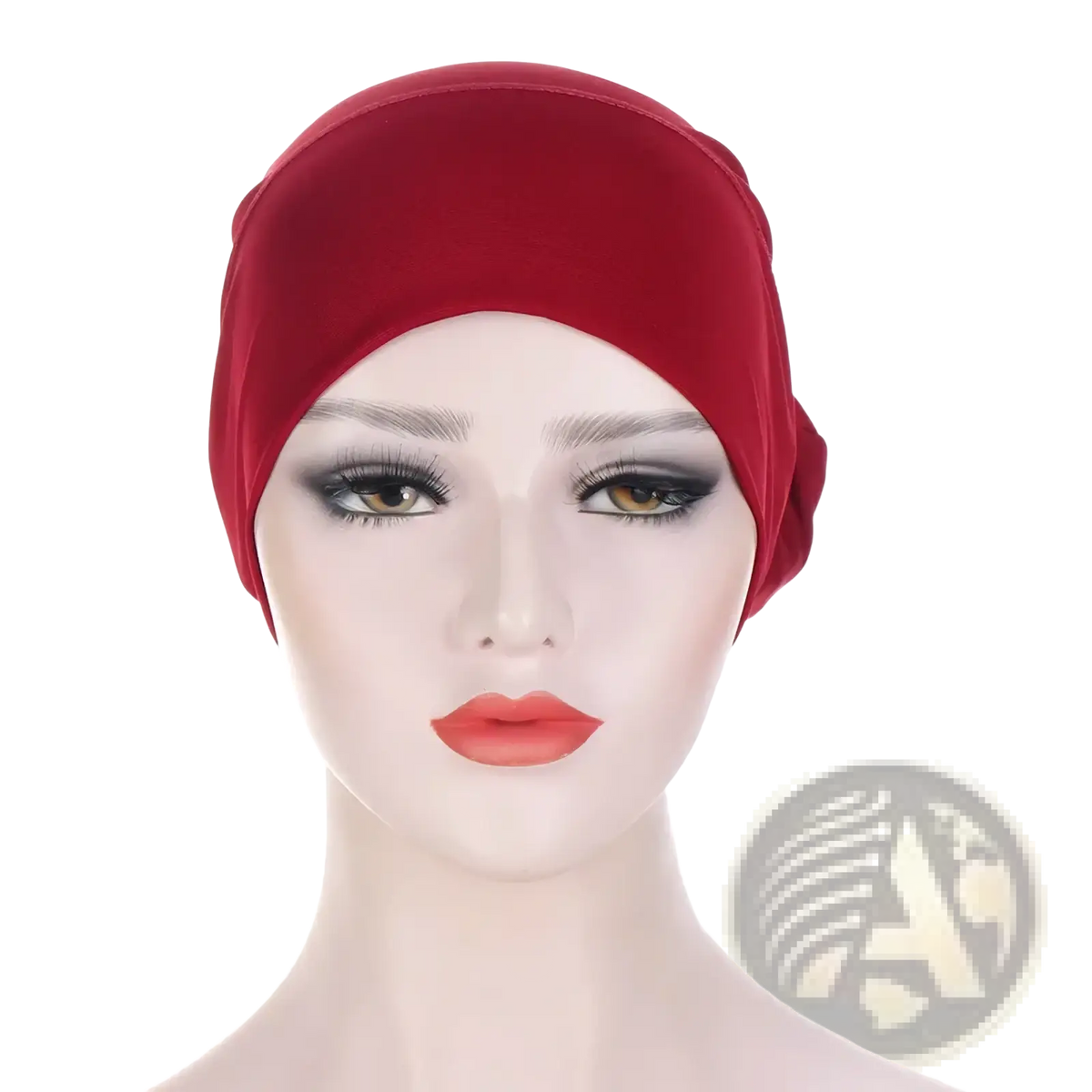 Red stretchy fabric women tie-wrap hijab cap displayed on mannequin designed as a muslim headscarf accessory