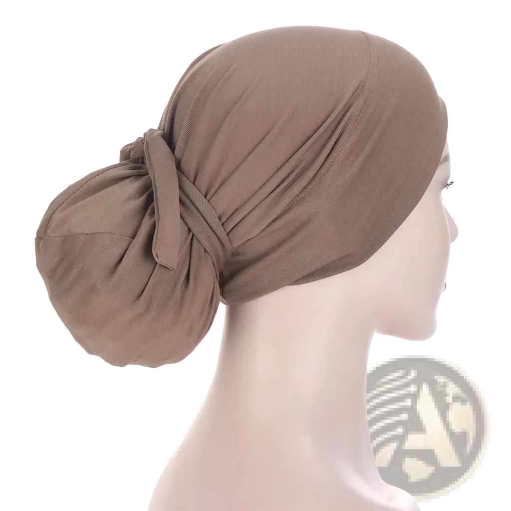 Women tie-wrap hijab cap in soft taupe stretchy fabric shown from the back tied into a neat knot