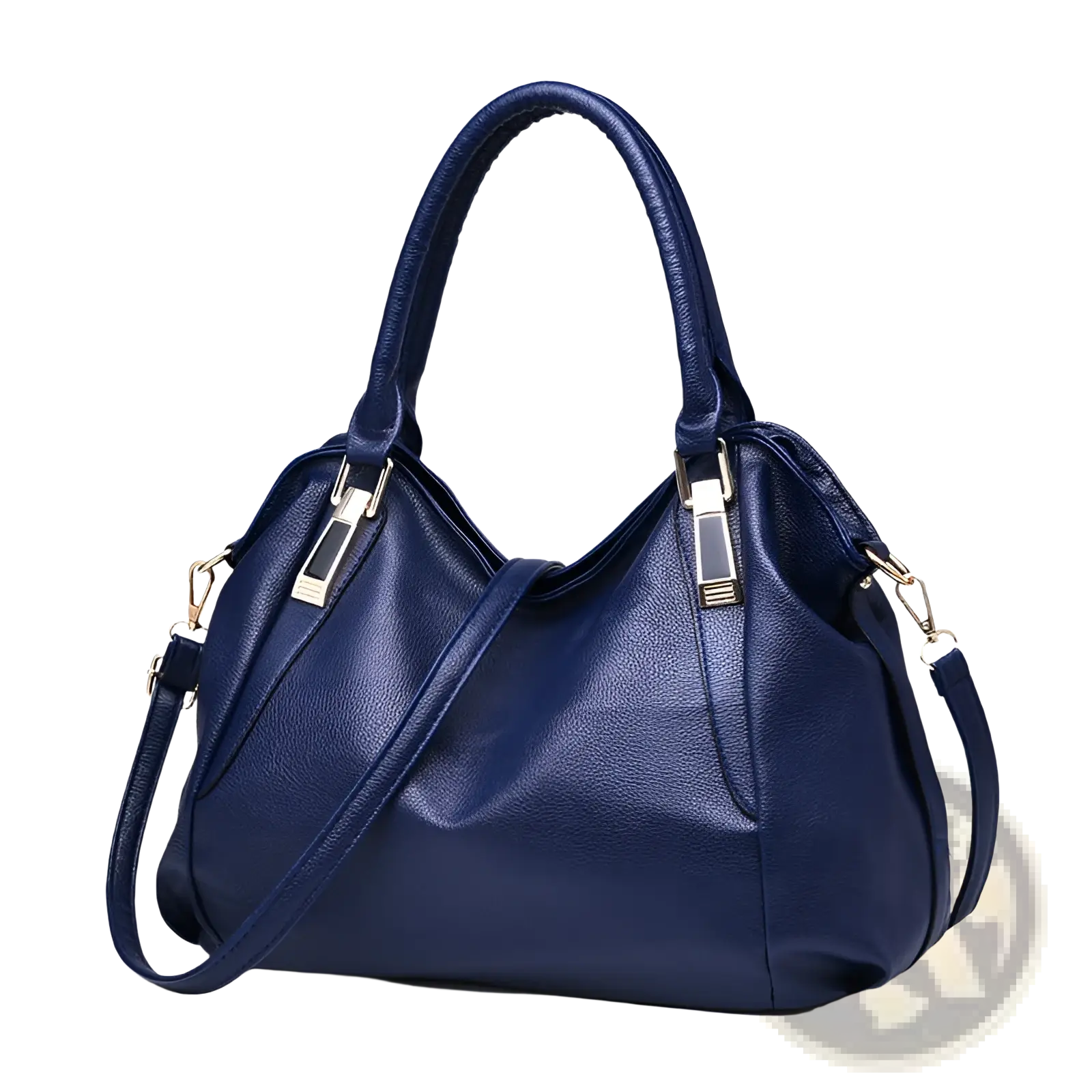 Deep navy blue high capacity women tote bag made of pu leather with gold-tone hardware and detachable shoulder strap