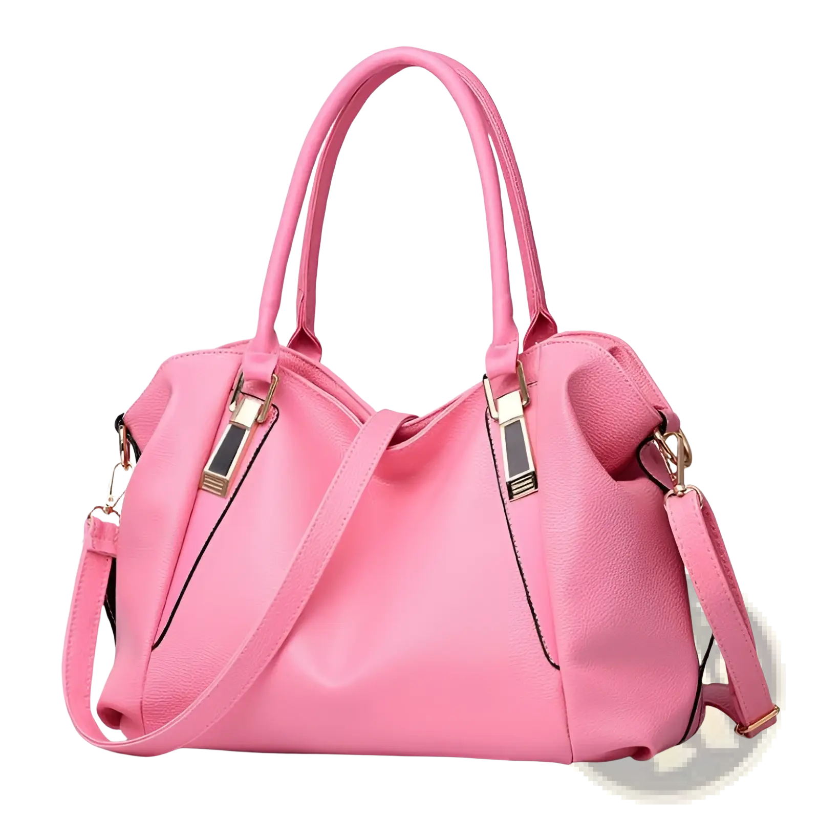 Pink faux leather women totes bag with high capacity gold-tone hardware and detachable shoulder strap