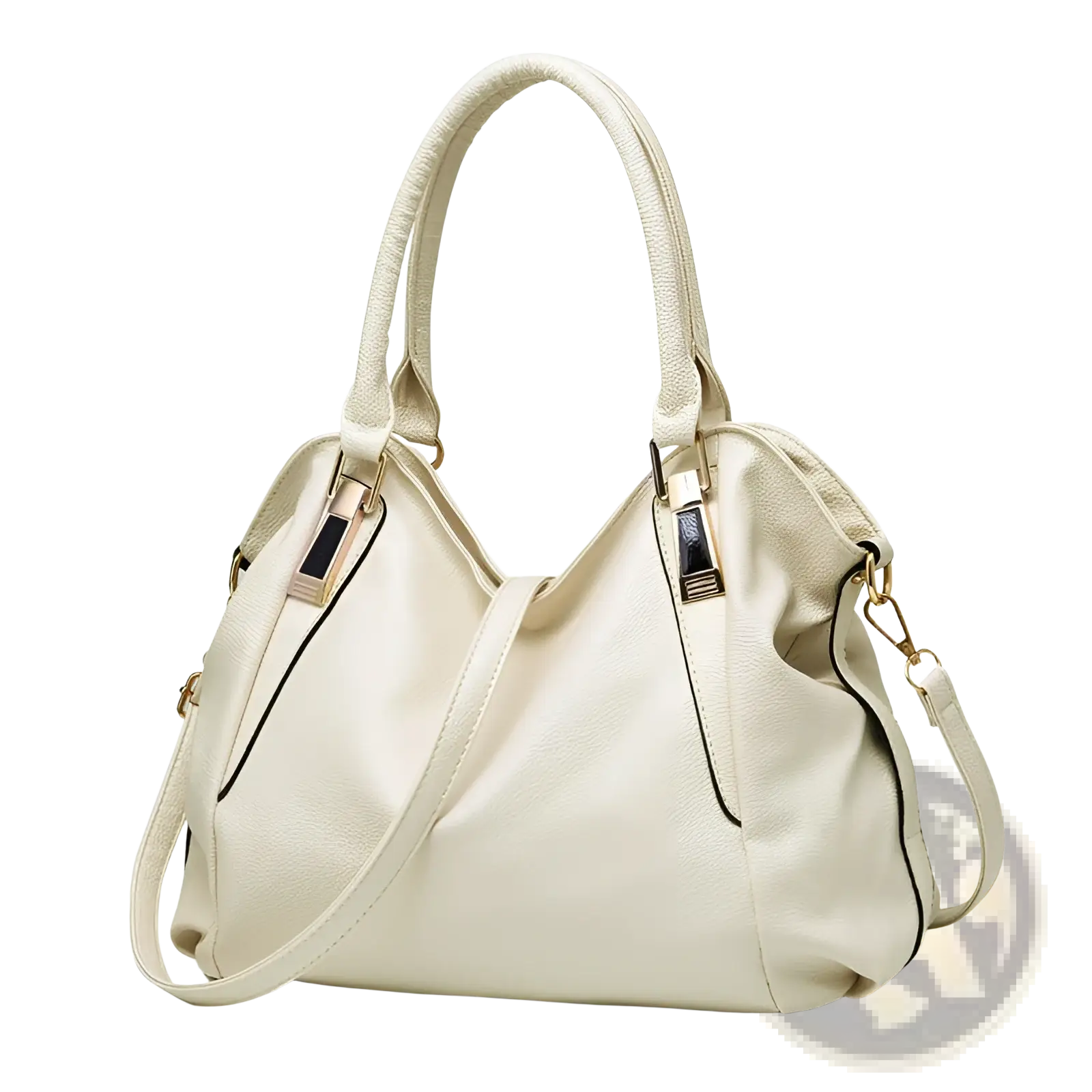 Cream-colored women totes bag high capacity pu leather shoulder bag with gold-tone hardware and black stitching details