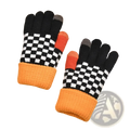 Women touch screen houndstooth knit gloves showing black and white checkered pattern with orange cuffs and gray fingertips