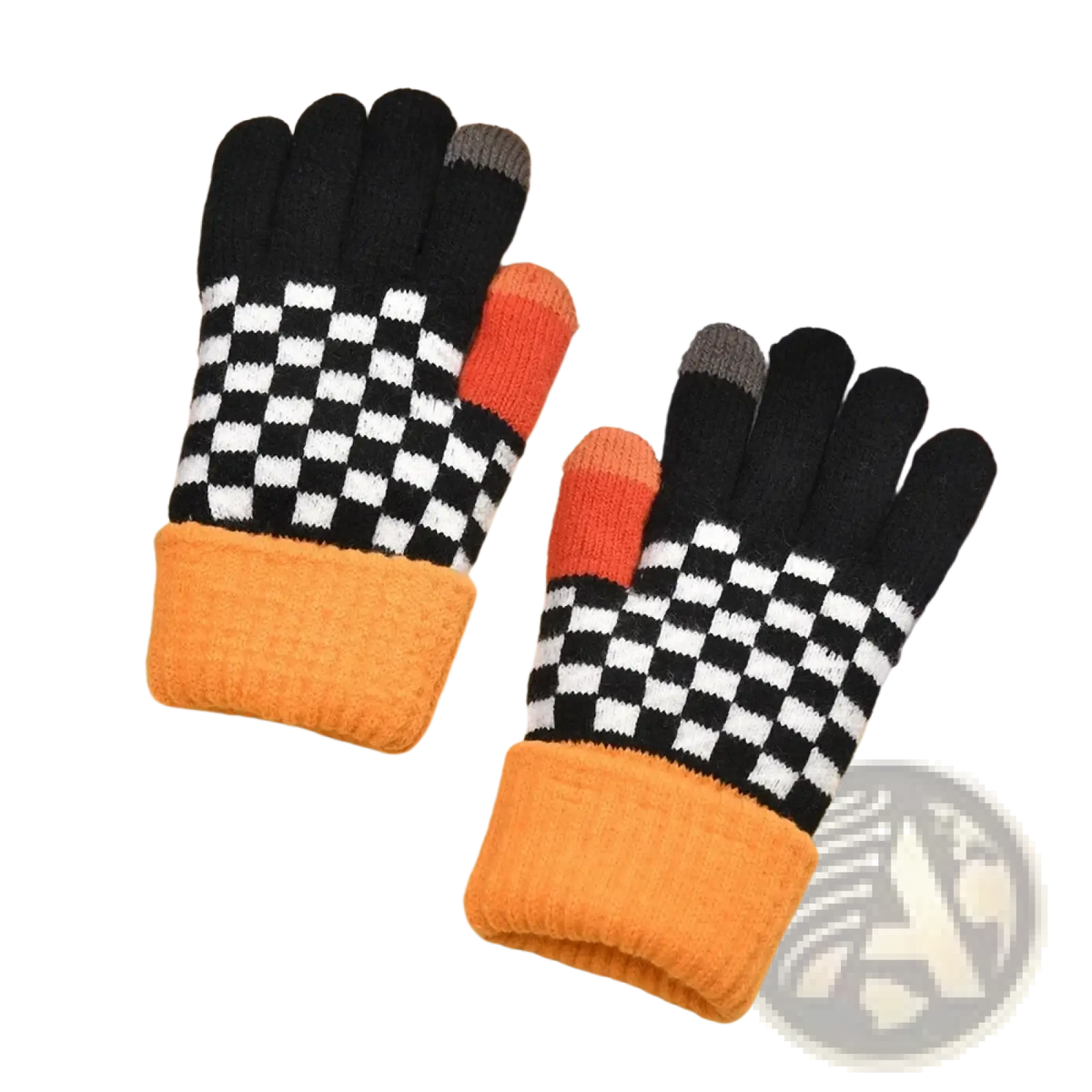 Women touch screen houndstooth knit gloves showing black and white checkered pattern with orange cuffs and gray fingertips
