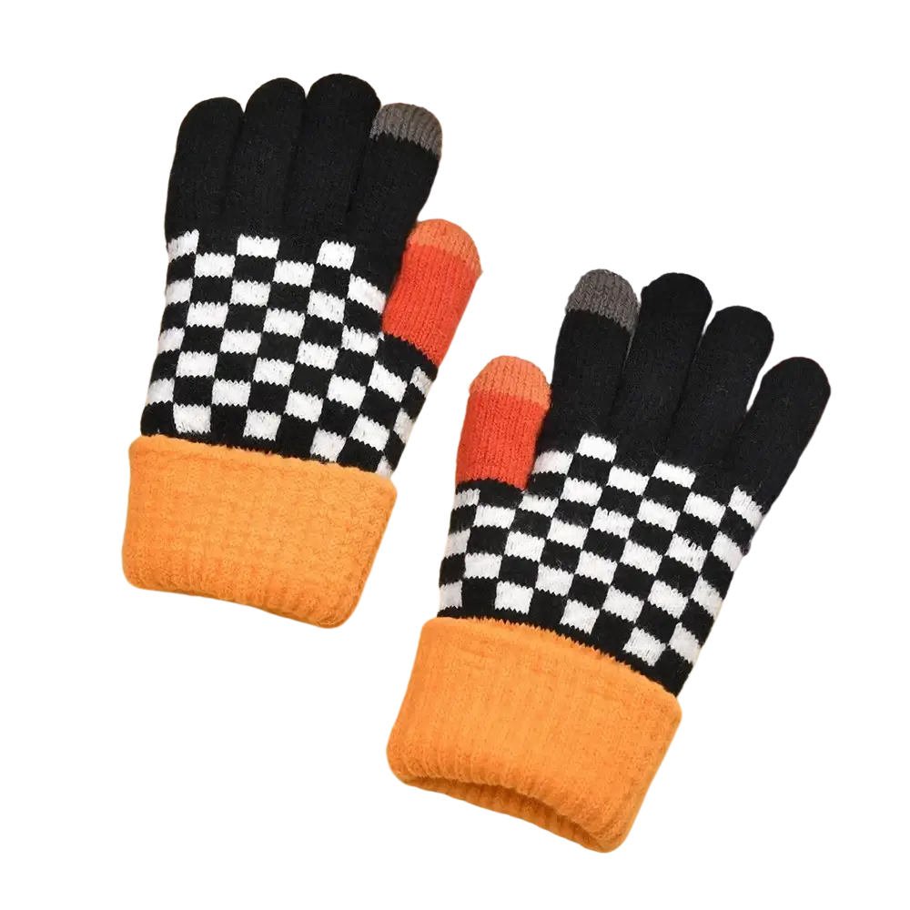 Women touch screen houndstooth knit gloves showing black and white checkered pattern with orange cuffs and gray fingertips