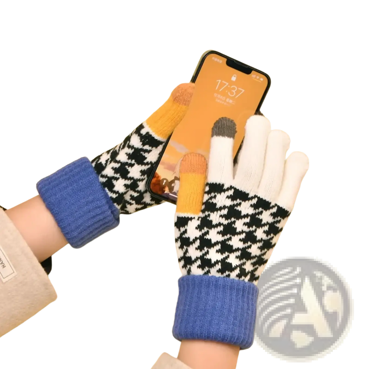 Women touch screen houndstooth knit gloves with black and white pattern blue ribbed cuffs and colorful fingertips shown from back