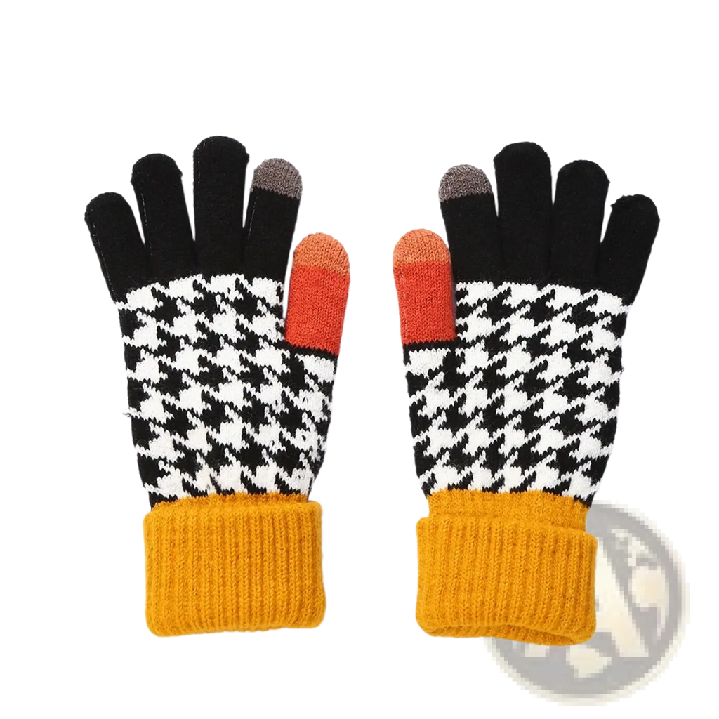 Women touch screen houndstooth knit gloves in black white with orange gray and mustard yellow accents showing the back side