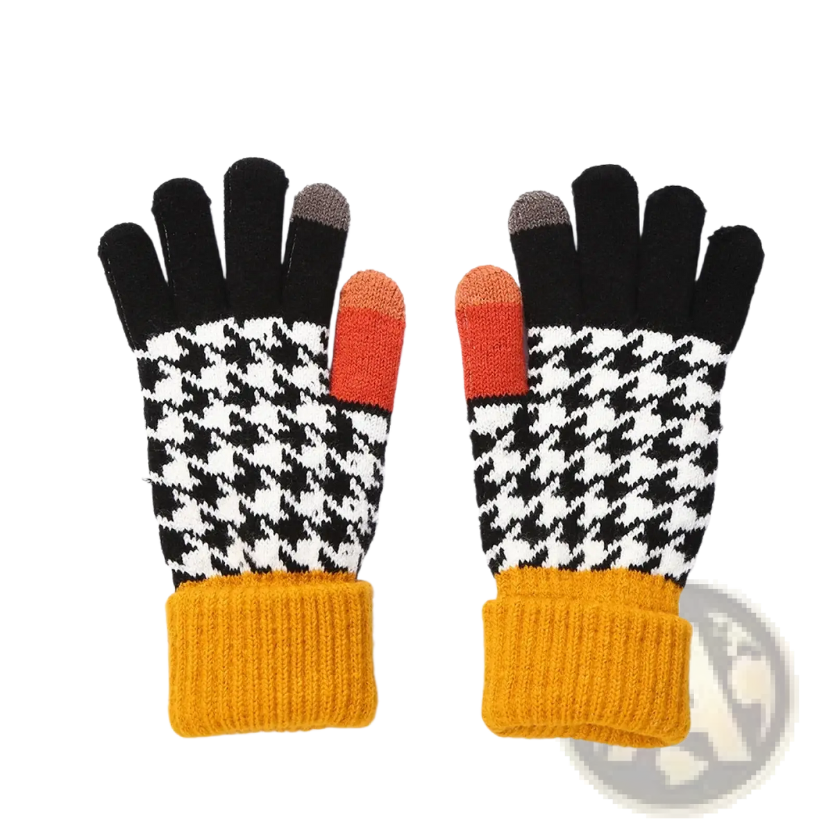 Women touch screen houndstooth knit gloves in black white with orange gray and mustard yellow accents showing the back side