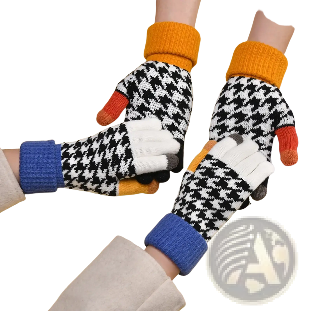 Women touch screen houndstooth knit gloves showing back side with black and white pattern and colorful fingertips in orange blue and gray