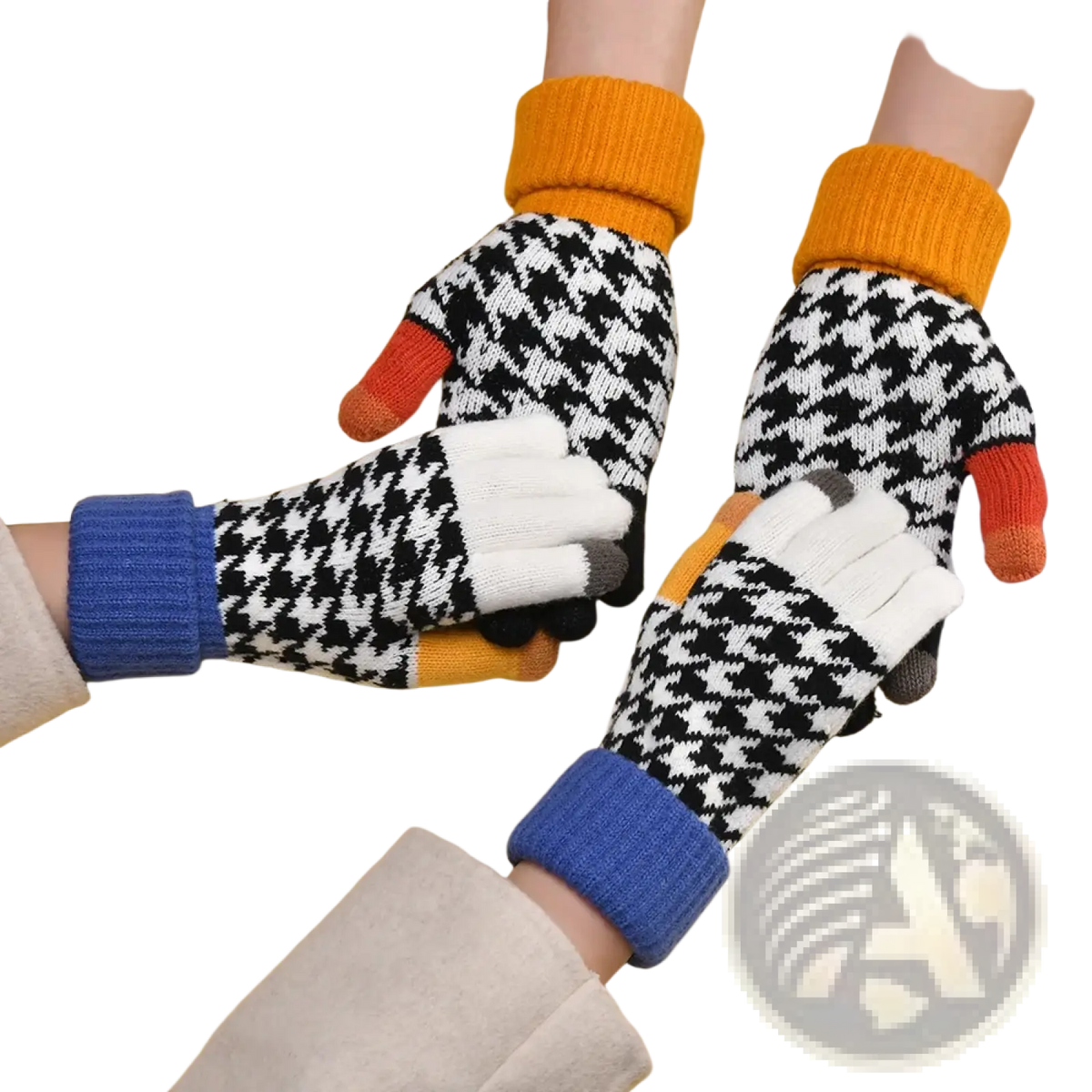 Women touch screen houndstooth knit gloves showing back side with black and white pattern and colorful fingertips in orange blue and gray
