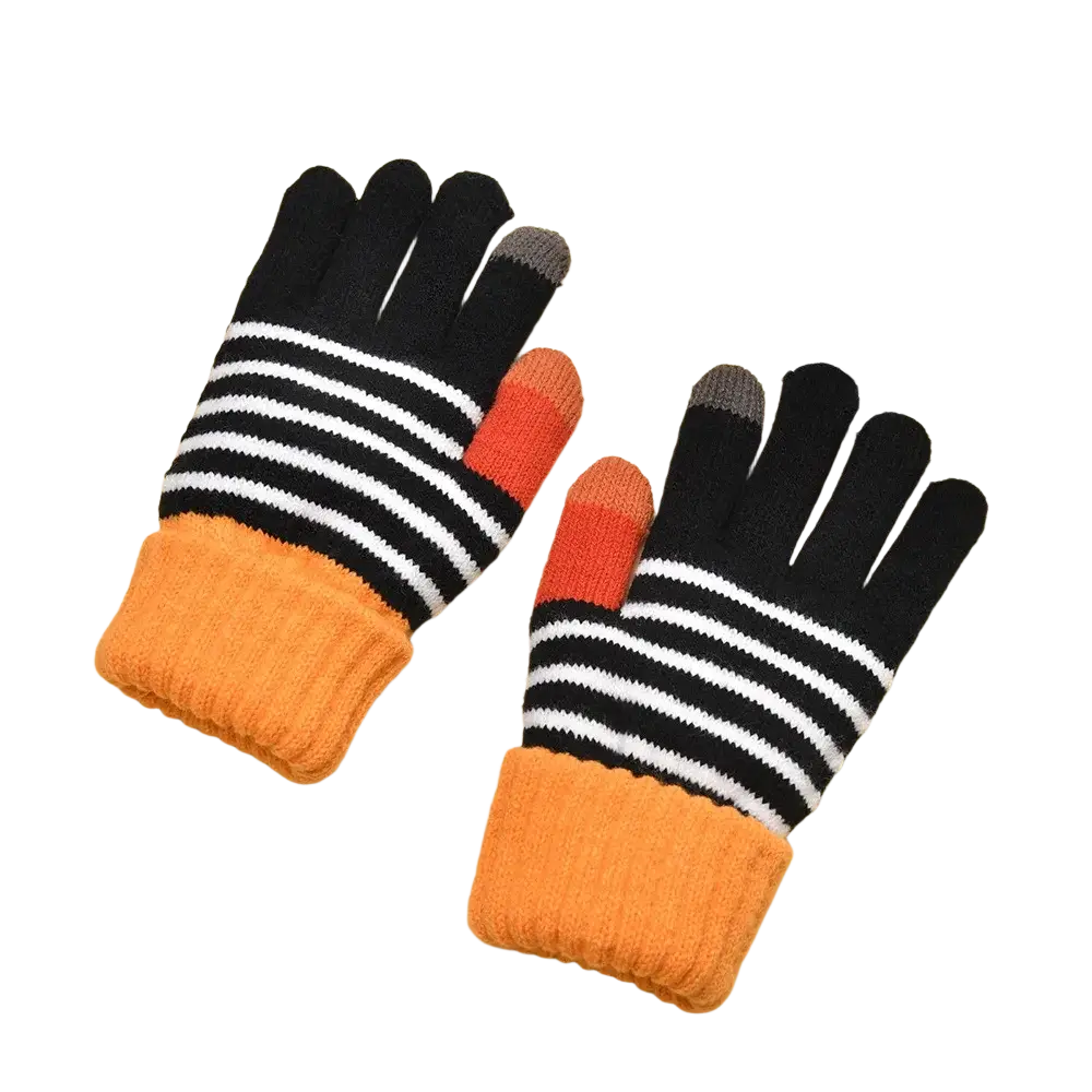 Women touch screen houndstooth knit gloves with black and white stripes orange cuffs and colored fingertips shown from back