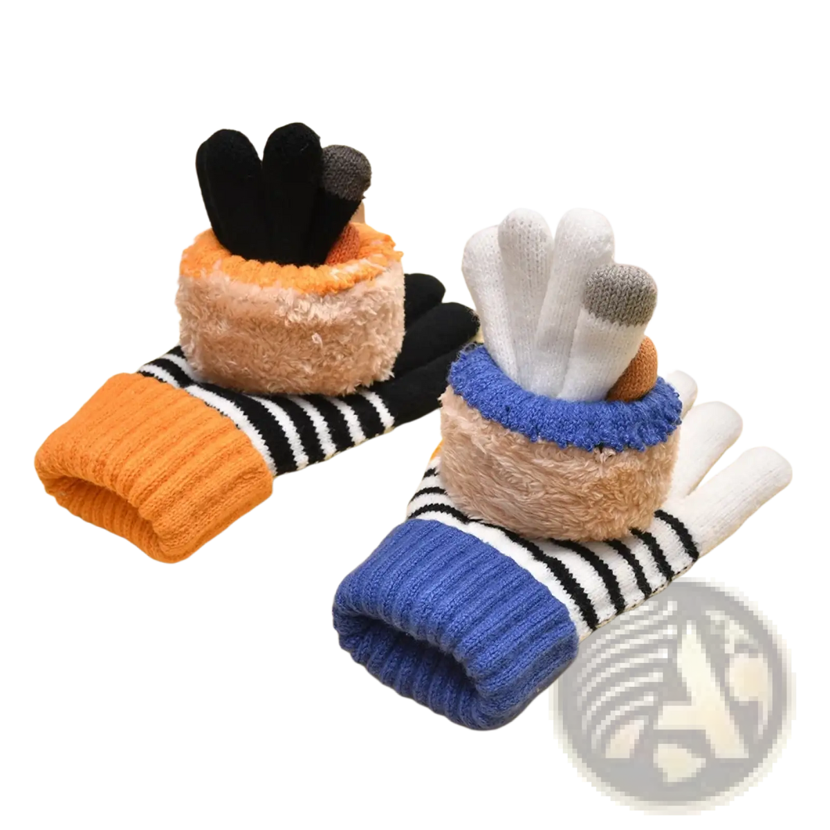 Women touch screen knit gloves in orange and blue with plush fuzzy mittens and striped cuffs in houndstooth pattern
