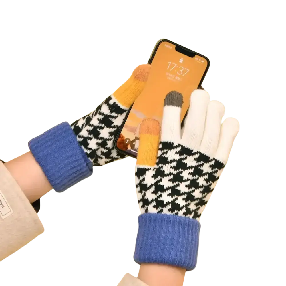 Women touch screen houndstooth knit gloves in black and white with blue cuffs and orange gray fingertips for touchscreen use