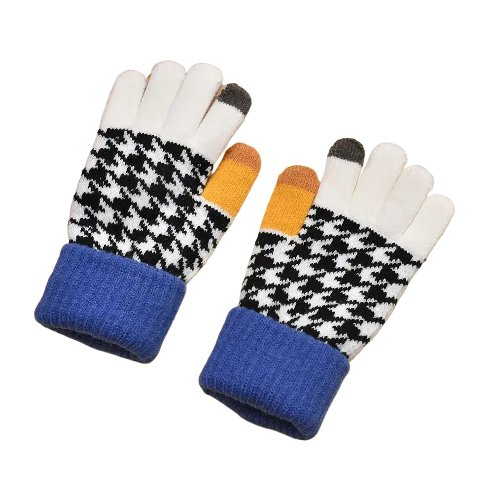 Women touch screen houndstooth knit gloves showing the back with black and white pattern and blue cuffs with colorful fingertips