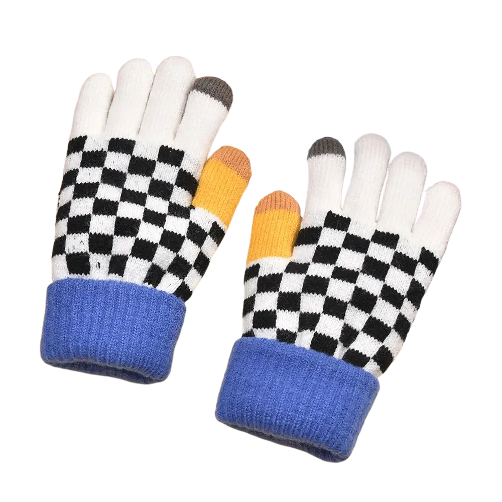 A pair of women touch screen houndstooth knit gloves showing the back with black and white pattern and colored fingertips