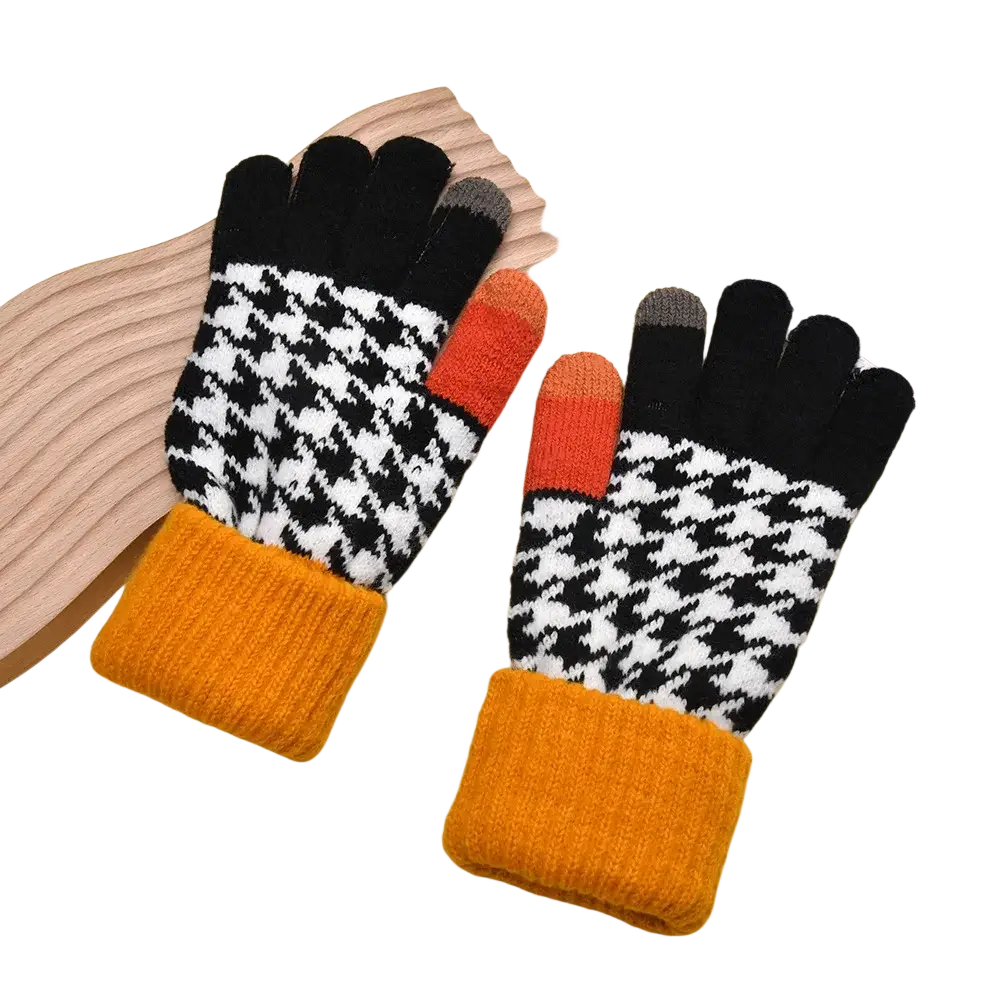 A pair of women touch screen houndstooth knit gloves with orange fingertips gray touch-sensitive index tips and yellow cuffs