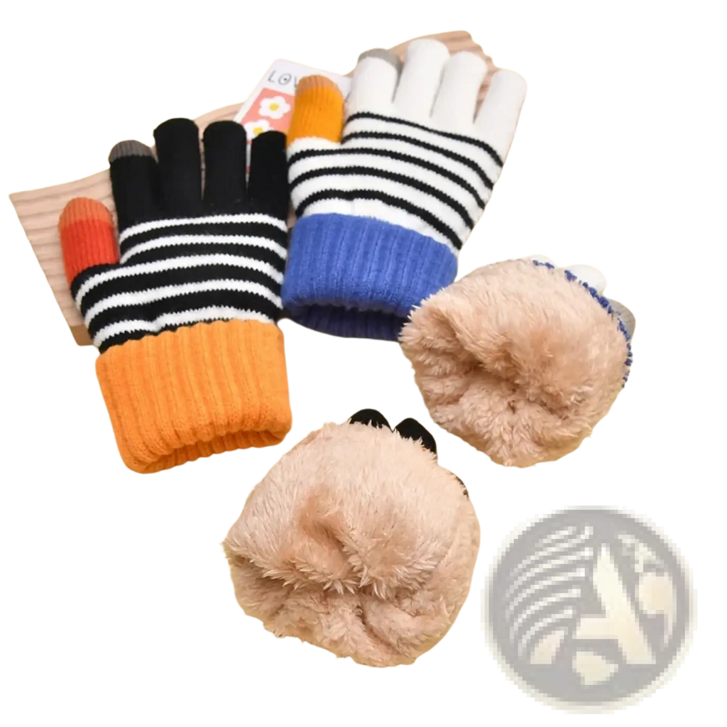 Women touch screen houndstooth knit gloves with striped fingertips and fluffy pom-pom mittens in soft knit material