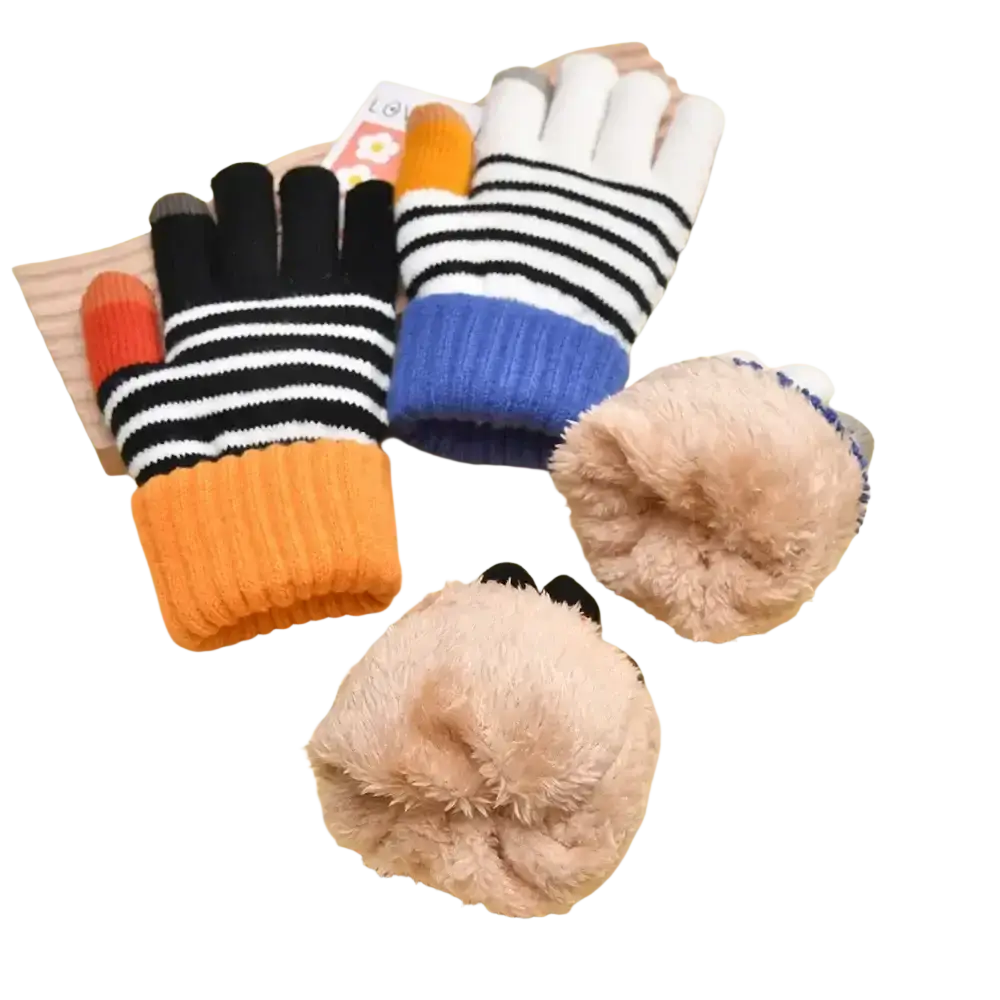 Women touch screen houndstooth knit gloves with striped colorful fingertips and fluffy beige earmuffs shown from back side