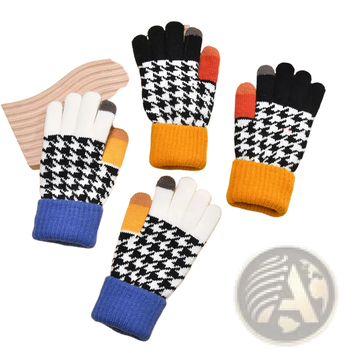 Three pairs of women touch screen knit gloves with black and white houndstooth pattern and colorful fingertips