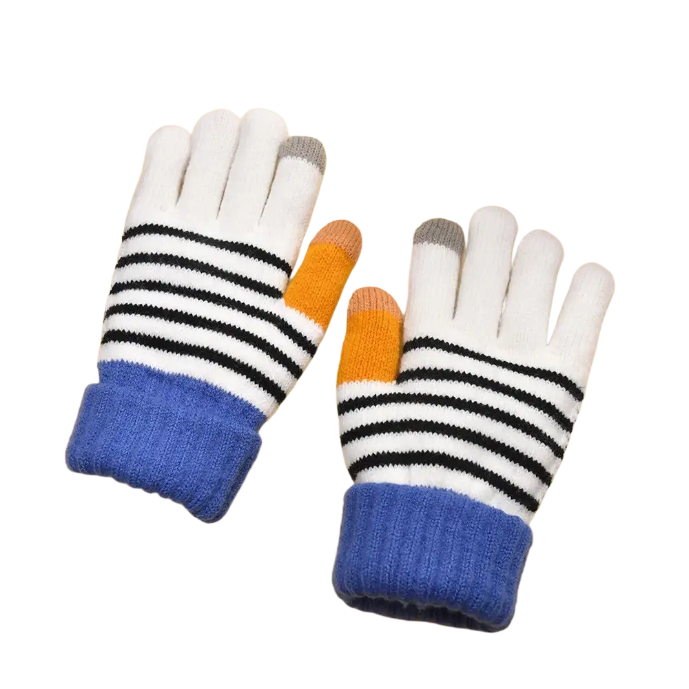 Women touch screen houndstooth knit gloves in white with black stripes, blue cuffs, and orange gray fingertips front view