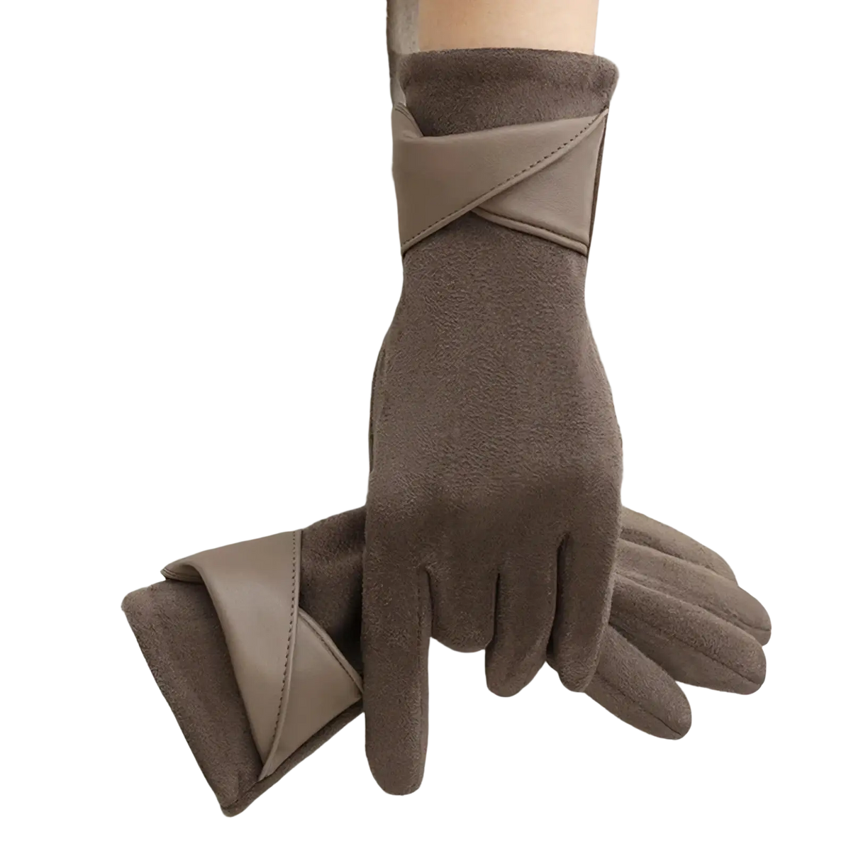 Women touch screen suede winter gloves in brown with lighter leather cuff and stitched detailing for warm driving