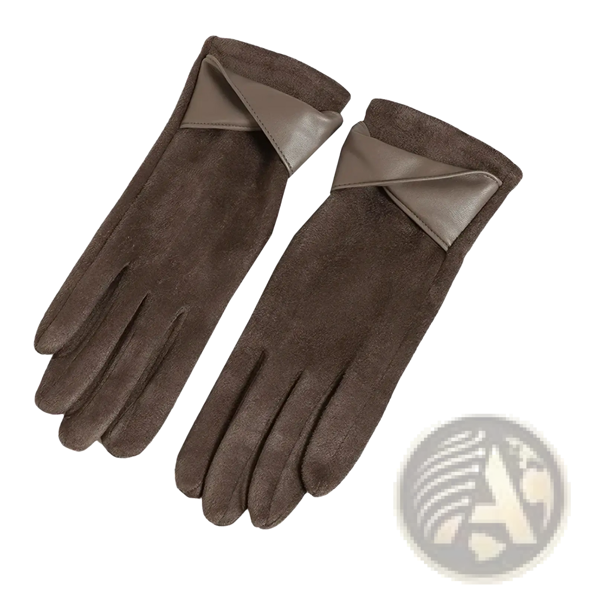 Brown suede women touch screen winter gloves with lighter brown leather cuff for warm driving use shown from back side