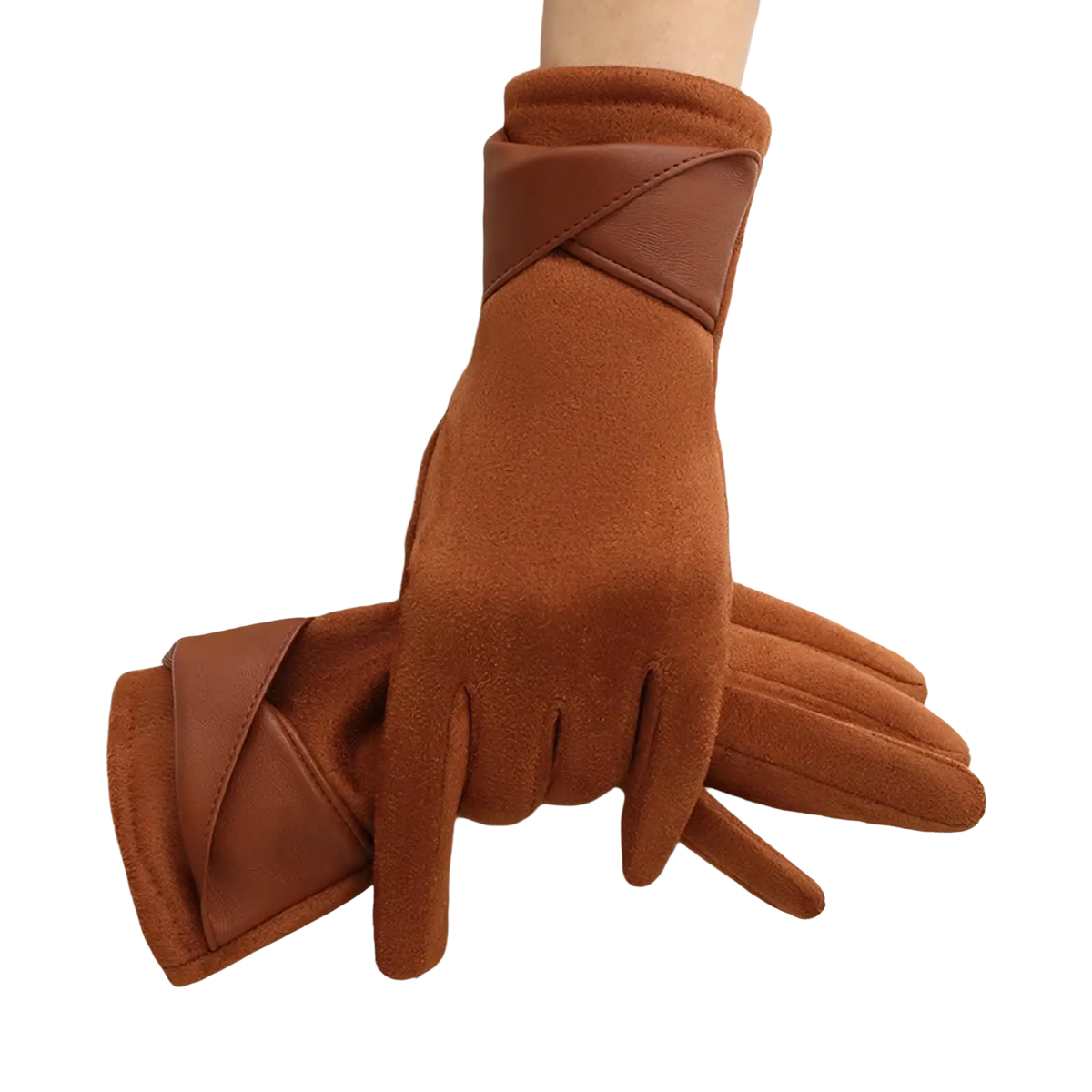Orange faux suede and leather women touch screen winter gloves with cross-over wrist design for warm driving use