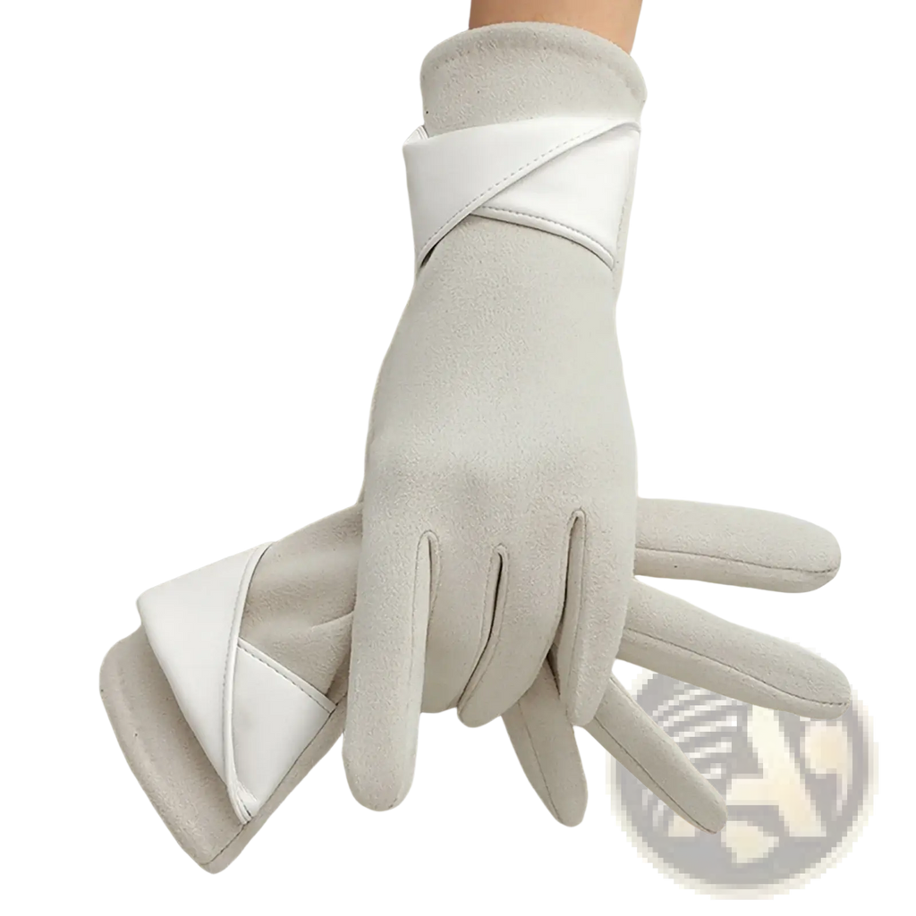 White leather women touch screen suede winter gloves with contrasting fabric straps for warm driving use shown from back side