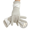 White leather women touch screen suede winter gloves with contrasting fabric straps for warm driving use shown from back side