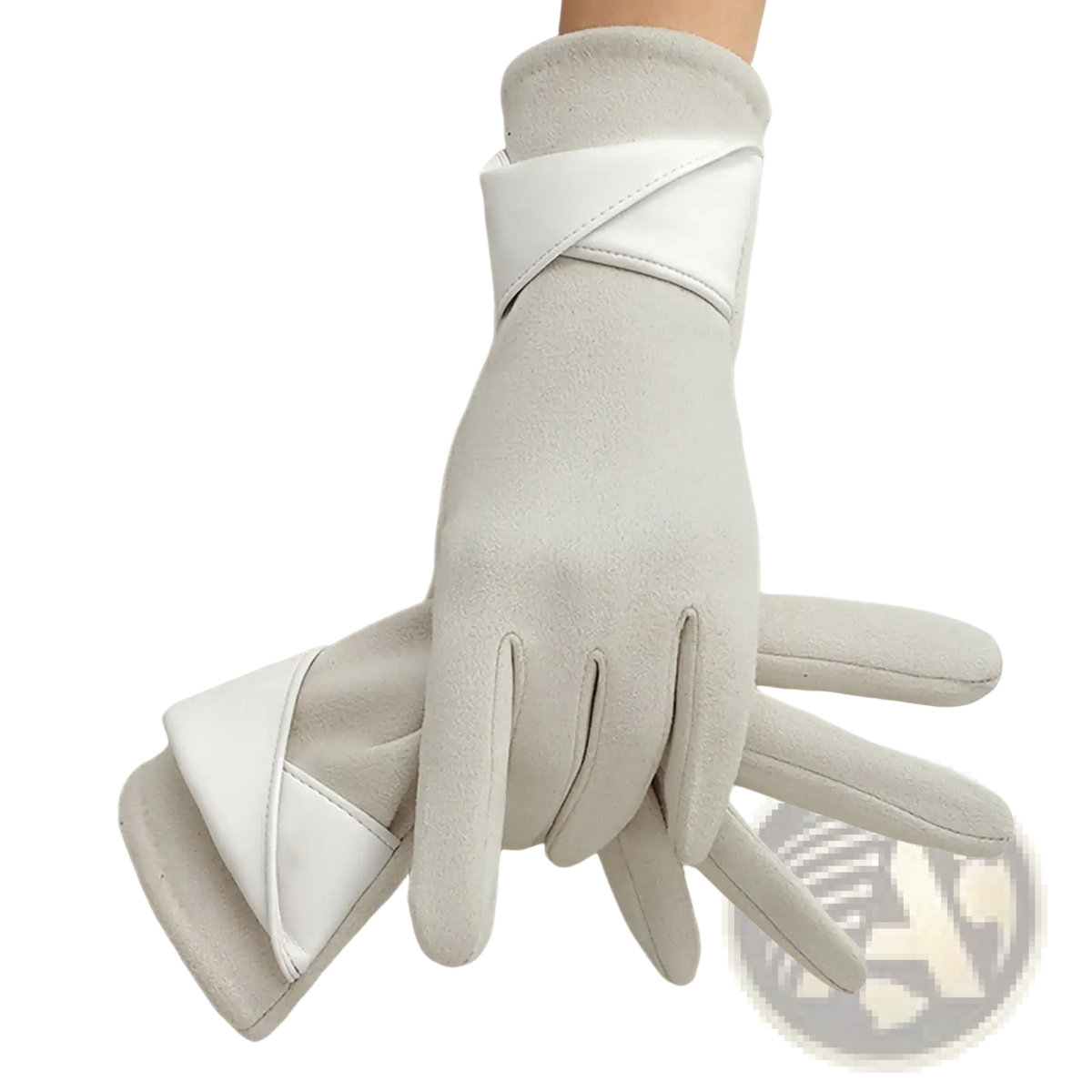 White leather women touch screen suede winter gloves with contrasting fabric straps for warm driving use shown from back side