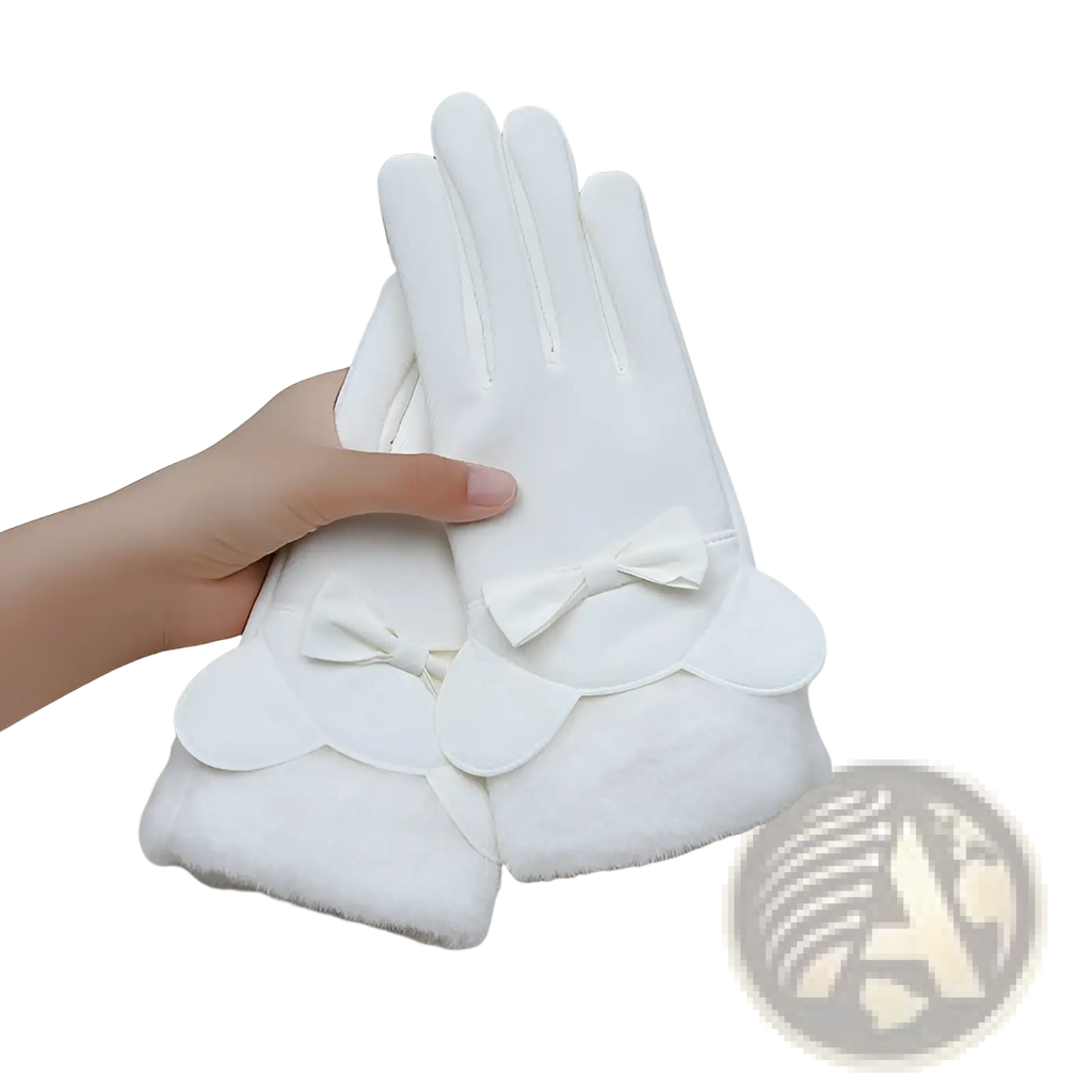 Women touch screen winter fleece gloves in white leather with fluffy trim and decorative bows at the wrist showing back side
