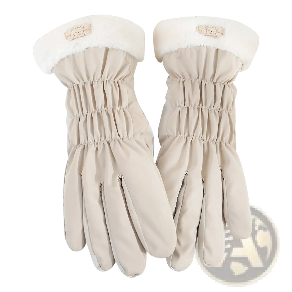 Beige women touch screen winter fleece gloves with plush white cuffs and small embroidered bear patches on the wrists
