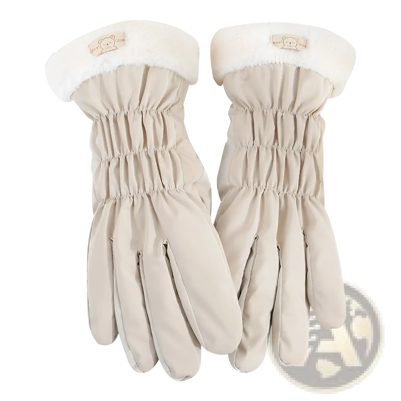 Beige women touch screen winter fleece gloves with plush white cuffs and small embroidered bear patches on the wrists