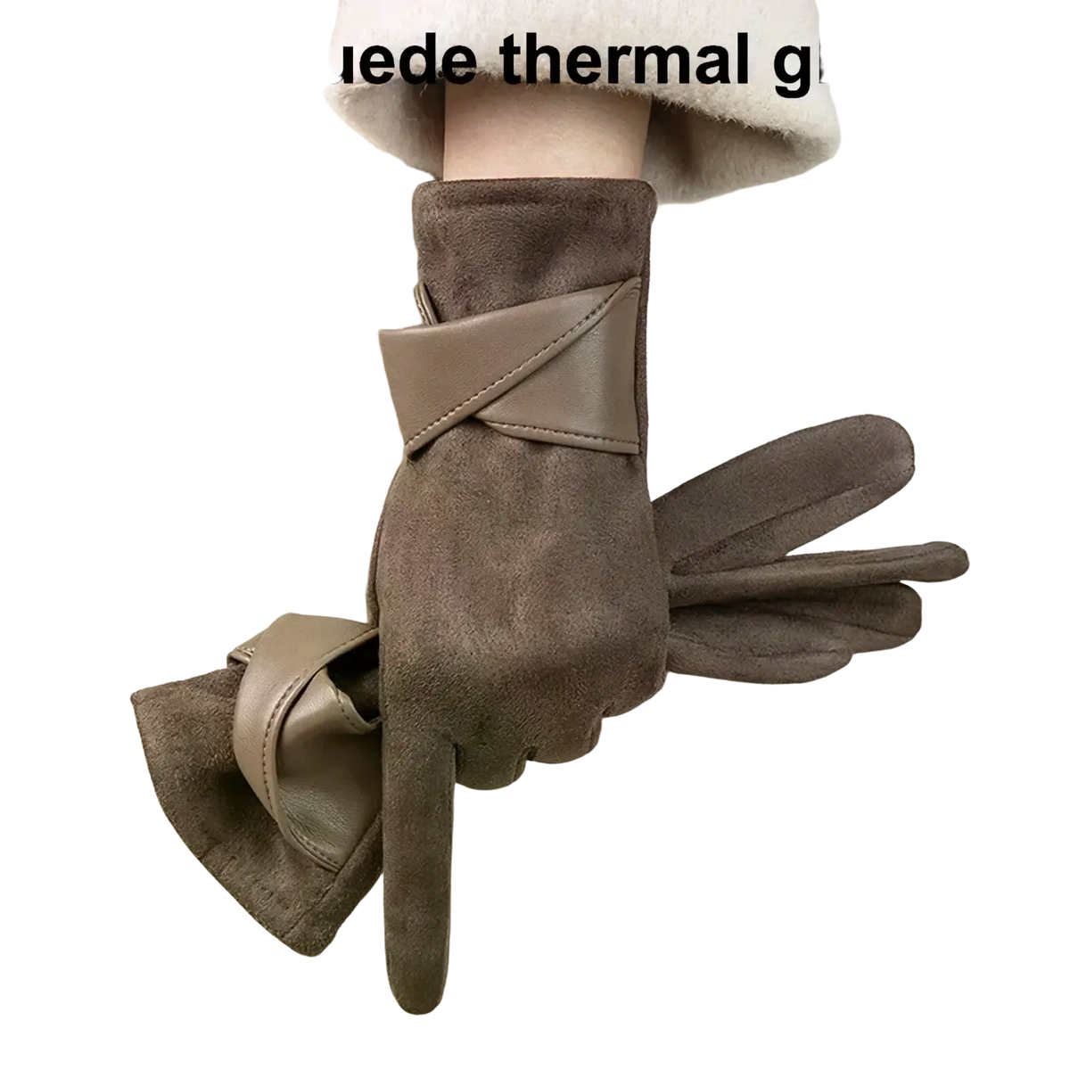 Beige faux suede thermal women touch screen winter gloves with velvet bow and tan leather strap on the wrist back side