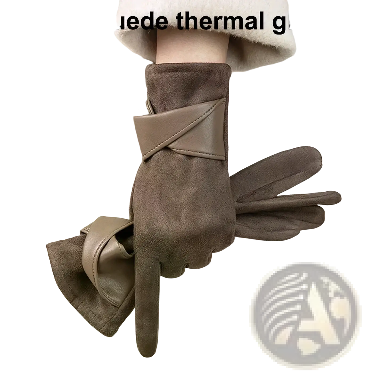 Beige faux suede thermal women touch screen winter gloves with velvet bow and tan leather strap on the wrist back side
