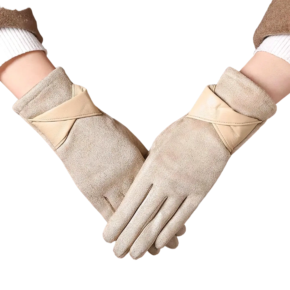 Beige suede women touch screen winter gloves with cream leather crossover detail at wrist for cold weather use