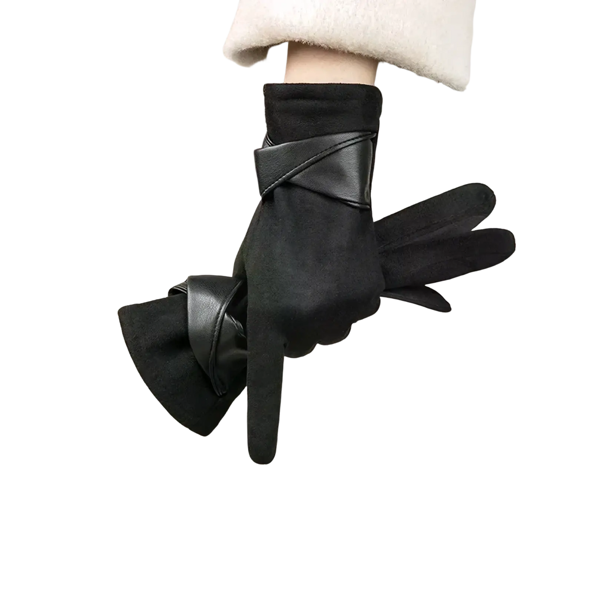 Black women touch screen winter gloves with suede main body and smooth leather cross straps on the back side
