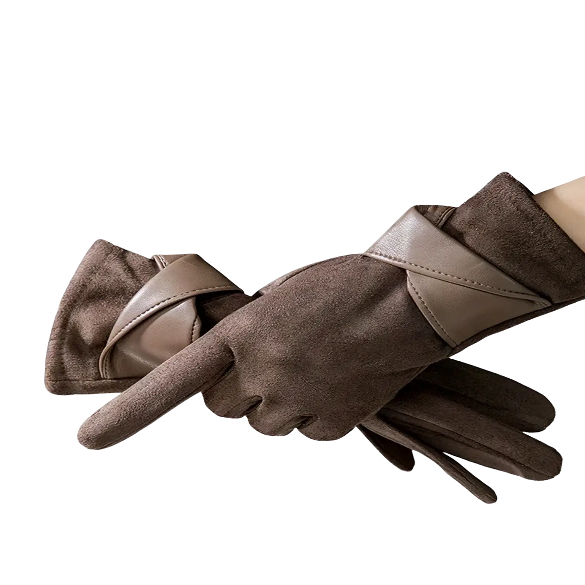 Brown faux fur women touch screen winter gloves with velvet bow and light brown leather accent strap on wrist back side