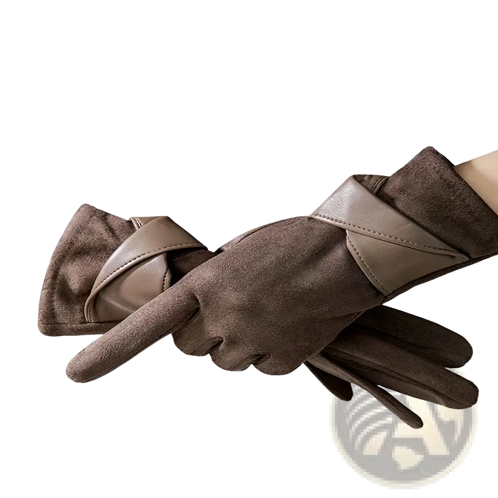 Brown faux fur women touch screen winter gloves with velvet bow and light brown leather accent strap on wrist back side