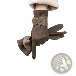 Brown suede and leather women touch screen winter gloves with velvet bow in sleek minimalist design back side visible