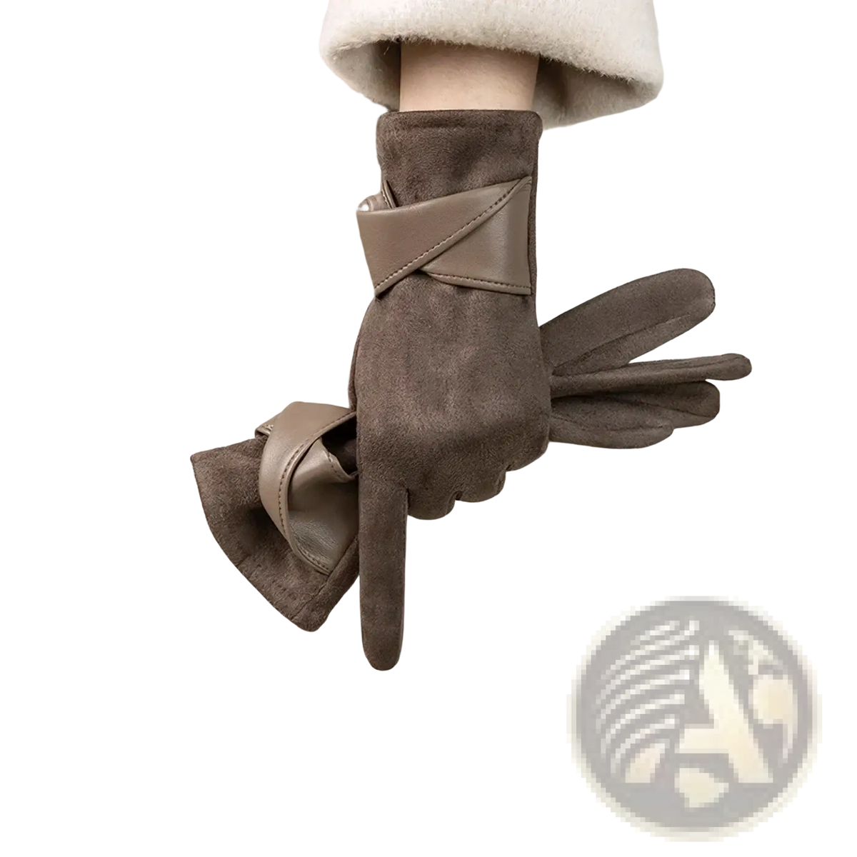 Brown suede and leather women touch screen winter gloves with velvet bow in sleek minimalist design back side visible